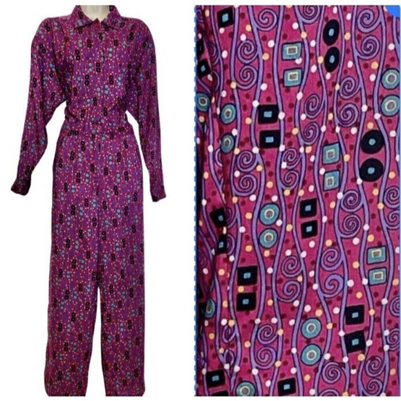 Vintage Diane Von Furstenberg Psychedelic Jumpsuit M Retro Disco Button Up - Picture 1 of 12
